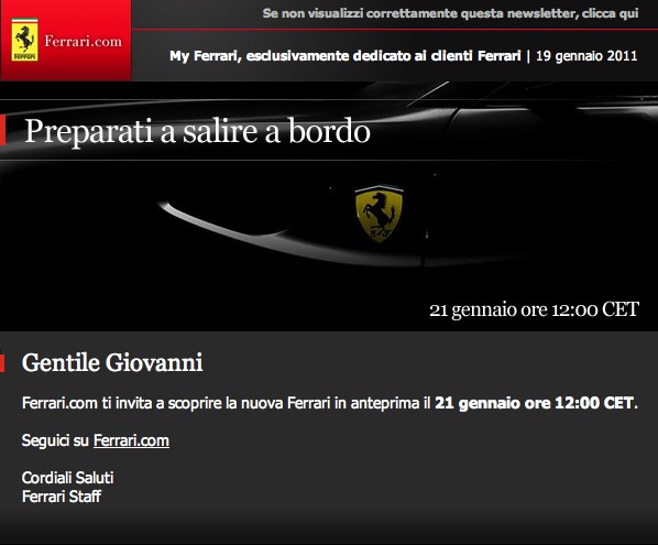 Nieuwe Ferrari wordt op 21/01 getoond