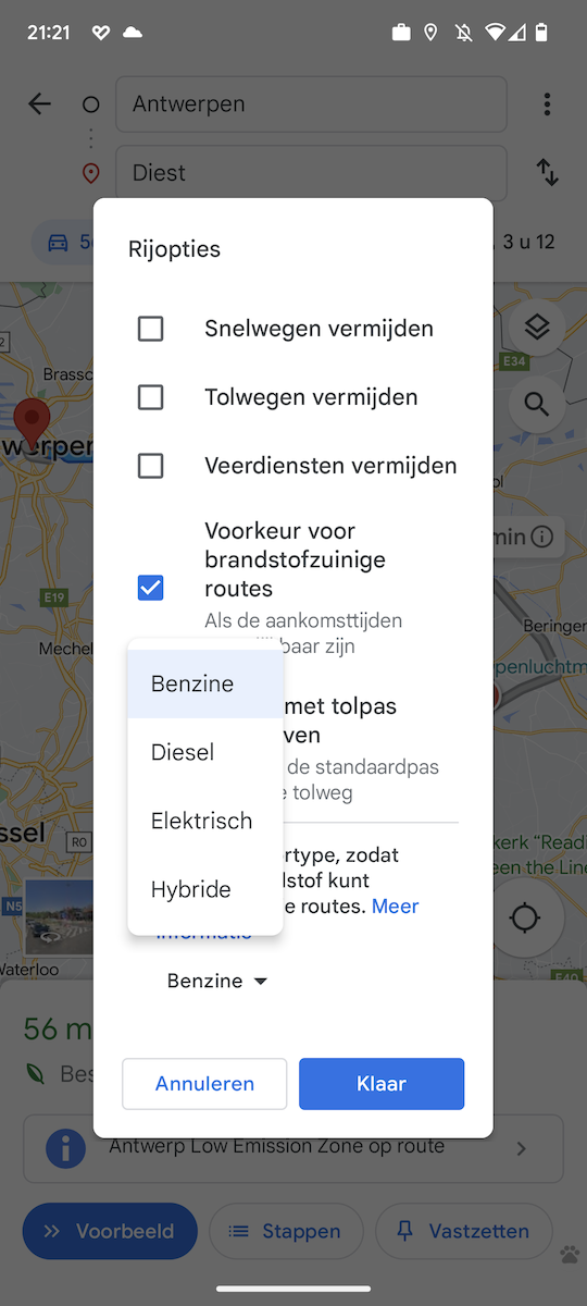 Google Maps: milieuvriendelijke route